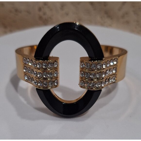 EUC Vintage Gold-Tone & Black Cuff Bangle Bracelet With Clear Rhinestones - Picture 4 of 6